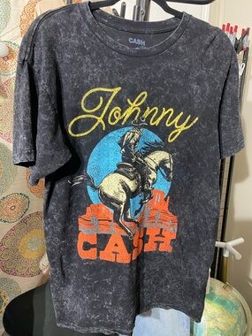 Johnny Cash Ash Black Tee with Yellow Script, Blue Moon & Orange Desert Graphic